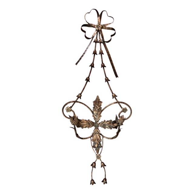 Vintage Large Gilt Tole French Neoclassical Bow & Ribbon Bellflower Swag Double Candle Sconce / Holder For Sale