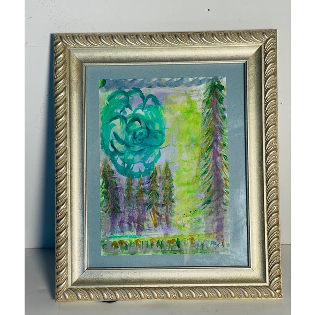 Contemporary abstract mixed media painting Magic Forrest with Mushrooms by Elia, framed.