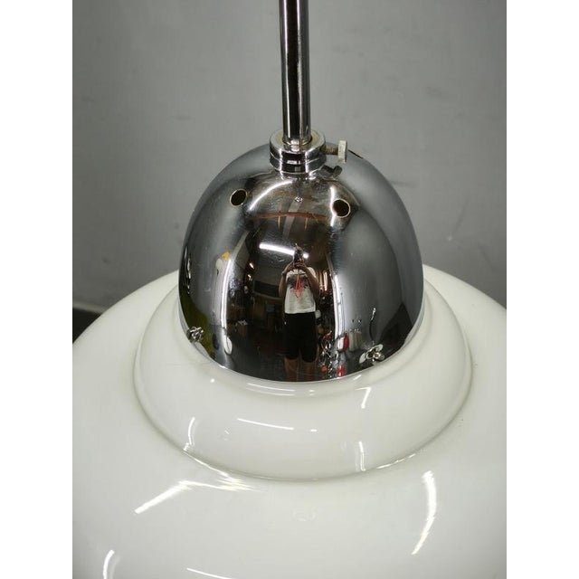 Metal Vintage Art Deco Bauhaus Opaline Glass and Chrome Pendant Light, 1930s For Sale - Image 7 of 11