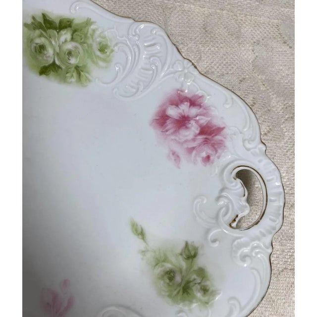 1930s Hermann Ohme "Élyseé" Oval Platter - Pink & Green Underglaze Roses - Pink & Green Roses on White, Gold Trim For Sale In Washington DC - Image 6 of 9