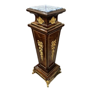 Rococo Geometric Pedestal – Dark Wood Marble Top Column With Bronze & Gold Leaf Details For Sale
