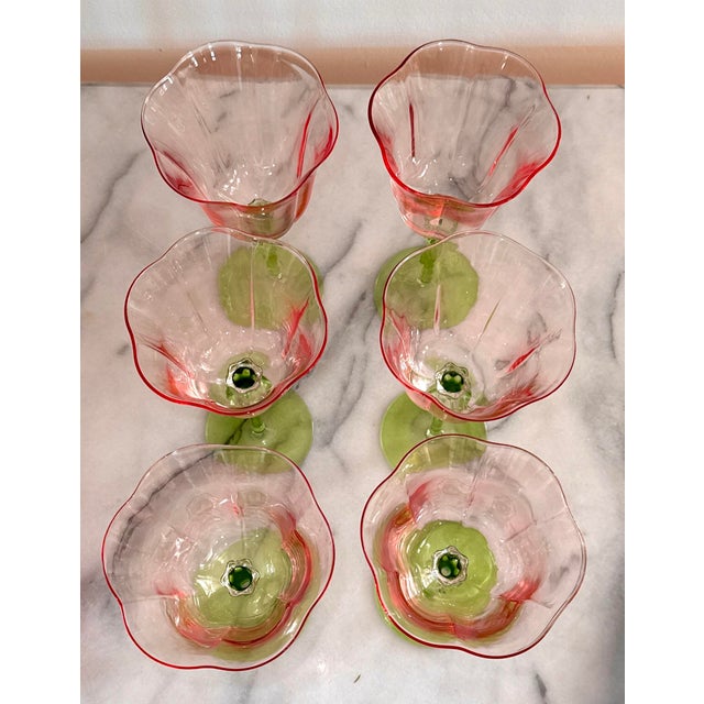 Contemporary Late 20th Century Pink and Green Hand-Crafted Wine Glasses - Set of 6 For Sale - Image 3 of 10
