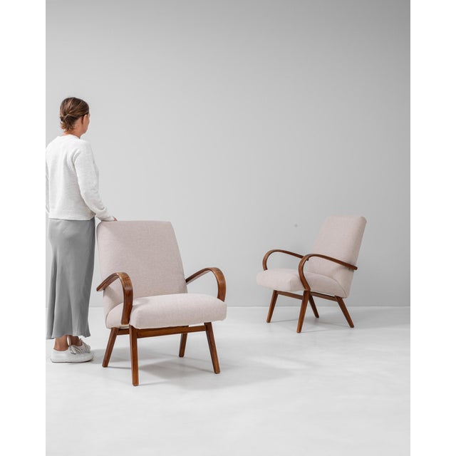 Wood 1950s Czech Pair Of Upholstered Armchairs By J. Halabala For Sale - Image 7 of 12