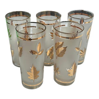 1970s Libbey Golden Foliage Collection of 22 Kt Gold Details Highball Frosted Glass Cocktail Glasses- Set of 5 For Sale