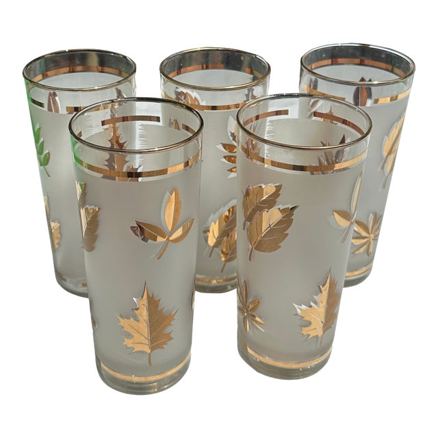 1970s Libbey Golden Foliage Collection of 22 Kt Gold Details Highball Frosted Glass Cocktail Glasses- Set of 5 For Sale