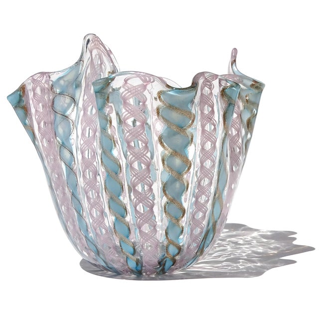 Mid 20th Century Vintage Murano Blue Pink Copper Aventurine Flecks Zanfirico Ribbons Italian Art Glass Fazzoletto Vase For Sale - Image 5 of 8
