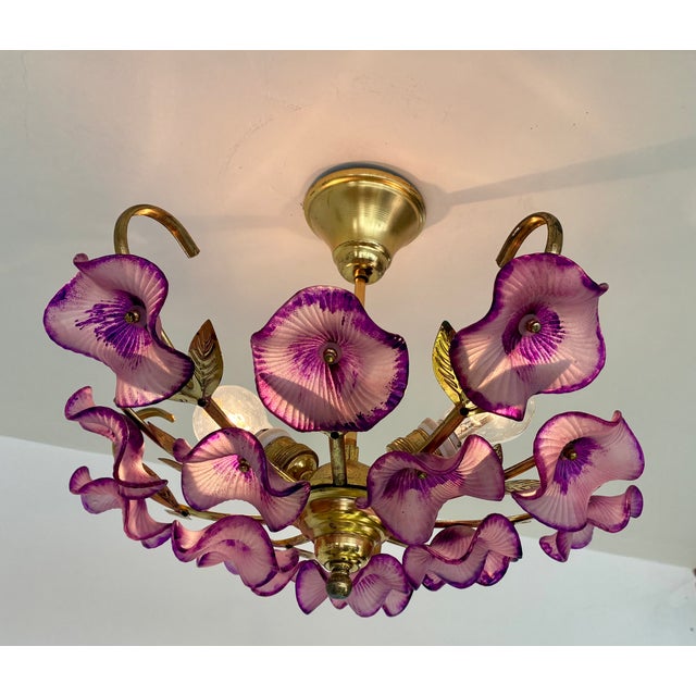 Vintage Hand-Painted Purple Glass Floral Flush Mount Chandelier For Sale - Image 13 of 17