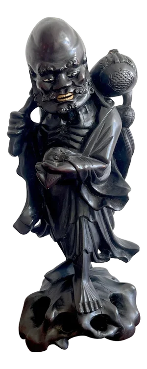 19th Chinese Carved Hardwood Figure of an Immortal Holding a Bat