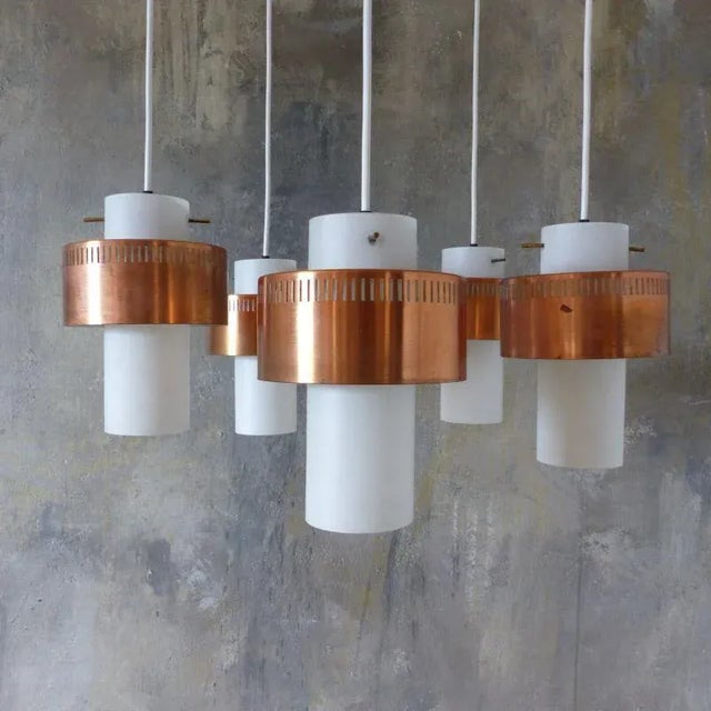Mid-Century Scandinavian Copper and Opaline Glass Ceiling Lamp For Sale - Image 3 of 13