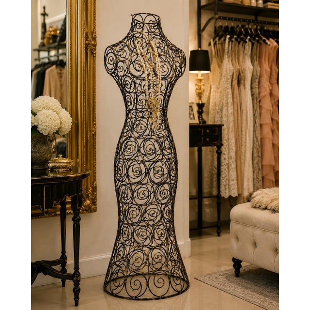 Art Nouveau Late 20th Century Black & Gilt Scrollwork Wire Dress Form Sculpture — Boutique Style Mannequin Art Object For Sale - Image 3 of 3