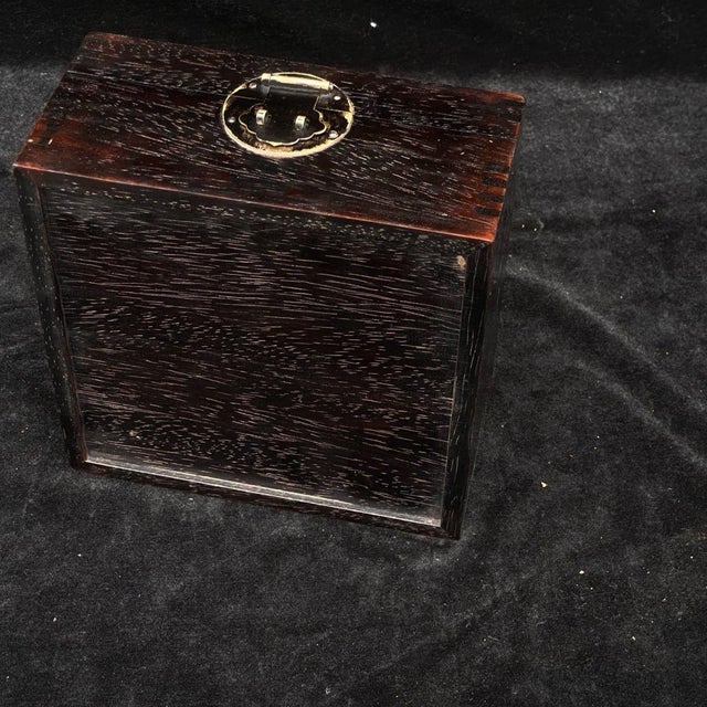 Square Hardwood Jewelry Box, Mother-of-Pearl Shell Inlay, Phoenix and Chrysanthemum, Chinoiserie Decorative Treasure Box For Sale In Los Angeles - Image 6 of 10