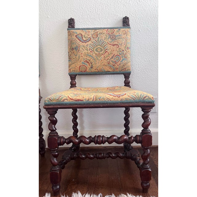 Late 19th Century Pair (2) Carved Oak Lion Heads Twisted Legs Modern Upholstery English Jacobean Revival Side Chairs For Sale - Image 4 of 12