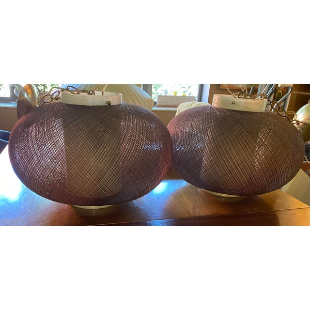 Brown Spun Fiberglass, Cream Acrylic and Brass Bulbous pair of Hanging Lanterns. MCM Gold Spun Fiberglass String Swag...