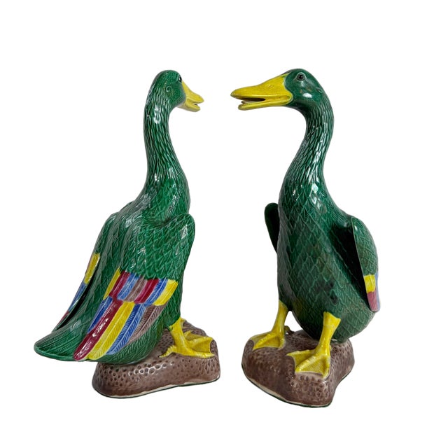 Mid 20th Century Chinese Export Hand-Painted Polychrome Ceramic Mallard Ducks - A Pair For Sale - Image 9 of 10