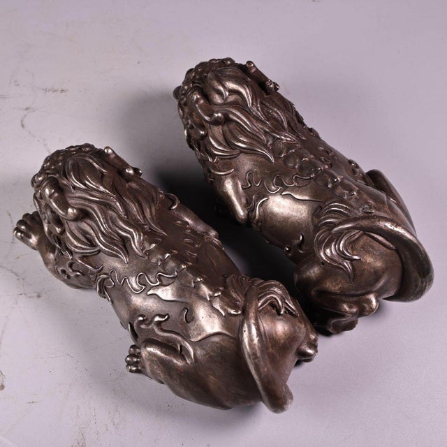 Pair of Antique Silver-Plated Guardian Lion Figurines, 2000g Total, High Relief For Sale - Image 9 of 10