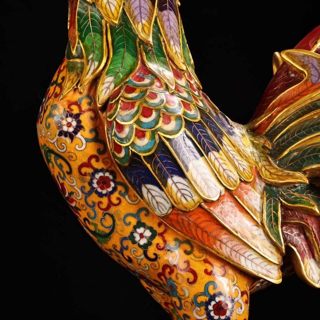 Gilt Bronze Cloisonné Enamel Rooster Figure on Tiered Base For Sale In Los Angeles - Image 6 of 10