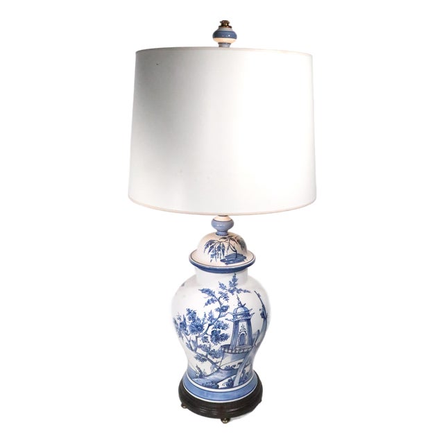 Mid 20th Century Chinese Style Blue and White Ginger Jar Form Ceramic Lamp by Frederick Cooper For Sale