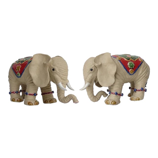 Pair Handmade Ceramic Lovely Elephant With Beautiful Jewelry Decor Statue For Sale