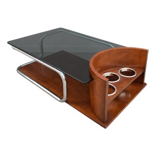 Vintage Italian Modernist Coffee Table in Smoked Glass, Steel, and Wood, 1970s For Sale