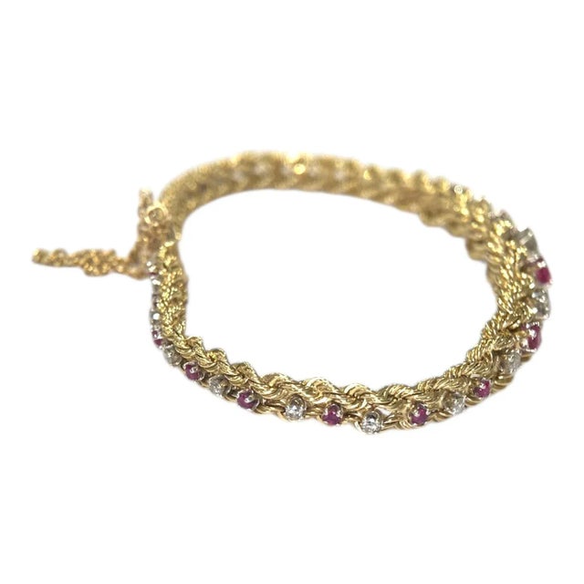 Mid 20th Century Vintage 14k Yellow Gold Ruby & Diamond Graduating Rope Bracelet For Sale - Image 5 of 9