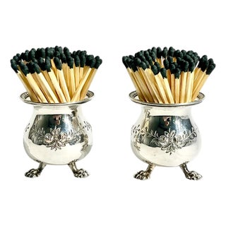 Pair Silver Plate Hand Chased Matchstick Holders For Sale
