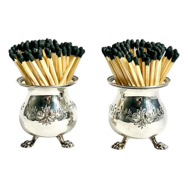 Pair Silver Plate Hand Chased Matchstick Holders For Sale