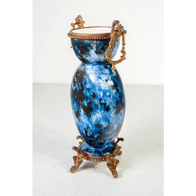 Pair of glazed and hand-painted ceramic vases , with bronze elements . Second half of the nineteenth century period second...