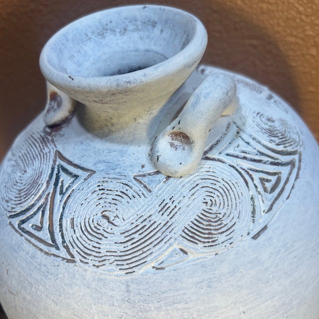 White Vintage 13" Incised White Terracotta Amphora Urn - Heavy Studio Pottery For Sale - Image 8 of 12