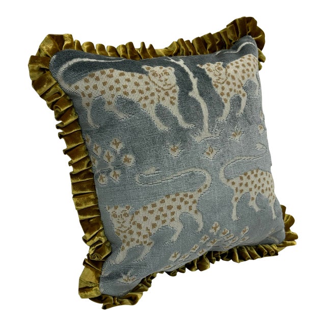 14” X 14” Schumacher Woodland Leopard in Mineral Pillow With Pleated Trim For Sale