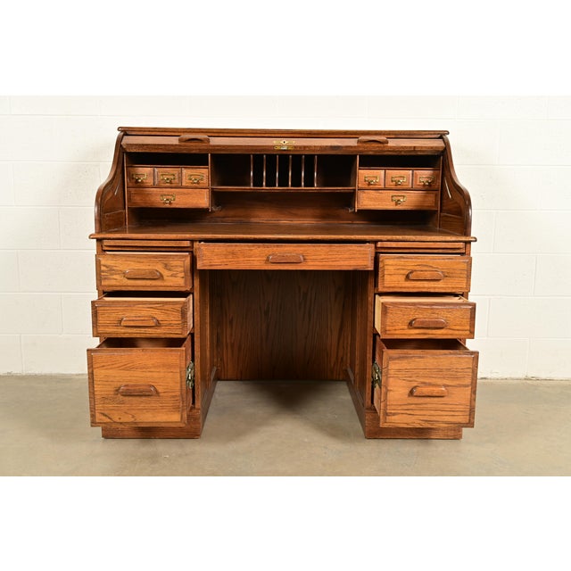 Wood Victorian Carved Solid Oak Roll Top Desk For Sale - Image 7 of 15