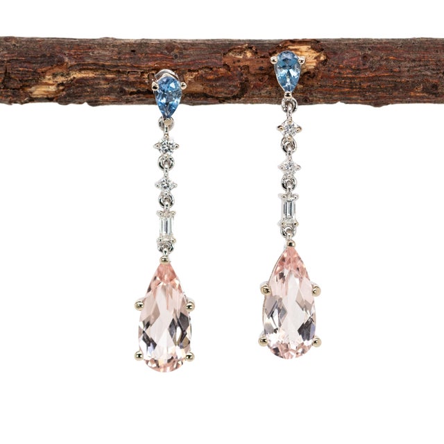 2020s Morganite & Aquamarine Earrings With Earth Mined Diamonds in Solid 14k Gold- Set of 2 For Sale - Image 5 of 7