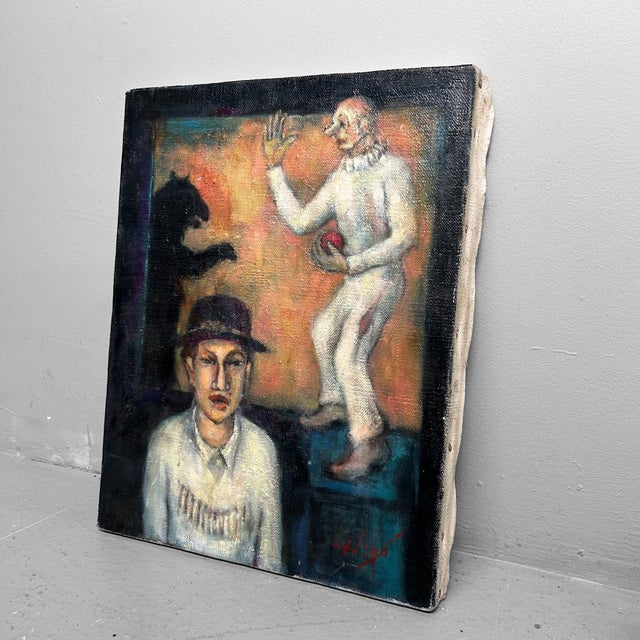 An intriguing Japanese oil painting in a symbolist style from the 1980s. Dimensions: height 41.5 cm, width 32 cm, depth 2...