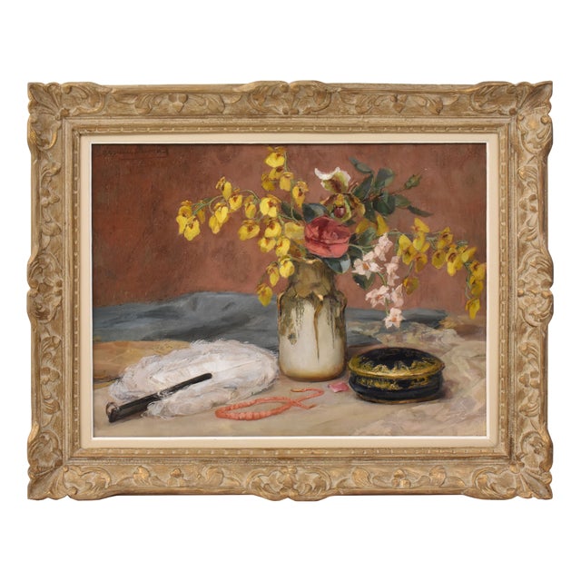 Angelina-Marie-Eugénie Drumaux, Art Deco Still Life with Flower Vase, 20th Century, Oil on Canvas, Framed For Sale