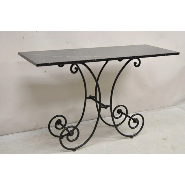 Vintage French Country Pastry Style Scrolling Wrought Iron Black Marble Top Bakers's Console Table. Circa Early to Mid...