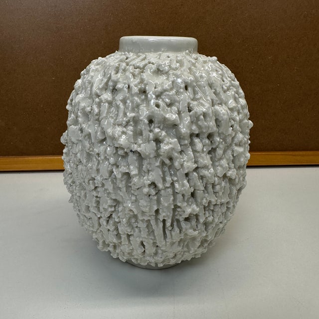 Rörstrand Gunnar Nylund Chamotte Art Pottery Vase White Blue Sweden Mid 20th Century 6" For Sale - Image 10 of 10