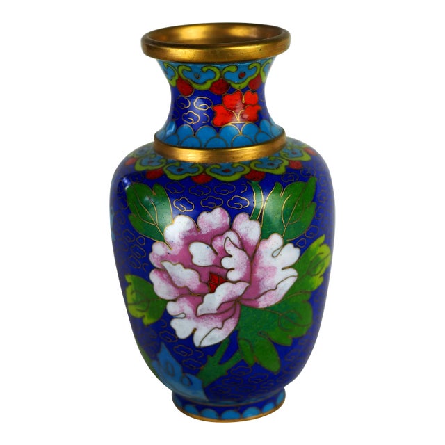 Mid-Century Chinese Blue Floral Bird Cloisonne Vase For Sale