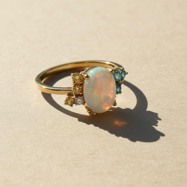 White Opal Multicolor Ring in 14k Gold, Size 7.5 For Sale - Image 6 of 9
