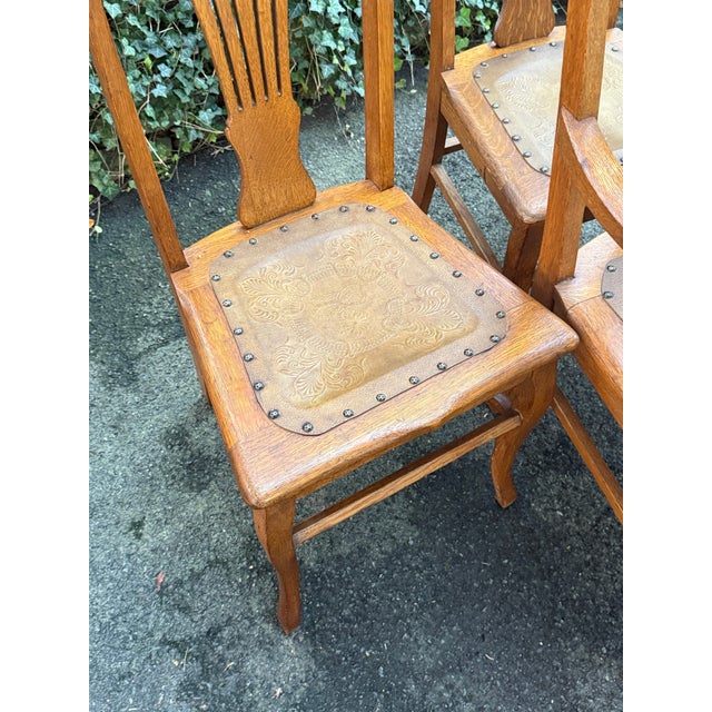 Antique Quarter-Sawn Oak Dining Chairs With Embossed Leather Seats - Set of 4 For Sale - Image 4 of 12