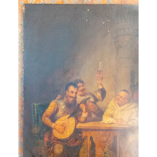 We are selling this nice 19th century Dutch genre scene painting. This oil on panel features a monk listening to a...