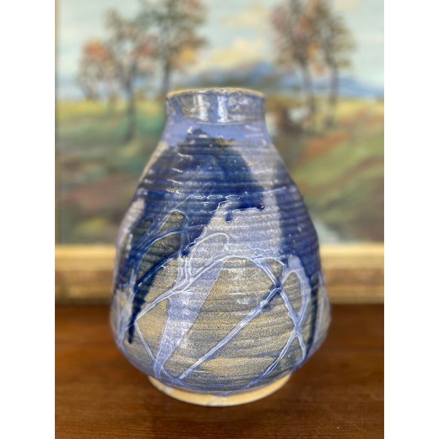 Mid-Century Modern Signed Studio Art Pottery Vase With Expressive Blue Drip Glaze and Textured Stoneware Body. For Sale - Image 3 of 8