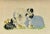 A well-executed needlework on linen depicting an old english sheepdog with her two puppies among the meadows and flowers....