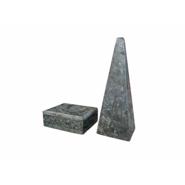Vintage Green Marble/ Faux Malachite Obelisk and Decorative Lidded Box Set The perfect set for your Shelf Decor...
