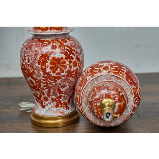 Pair of Red and White Porcelain Dragon Temple Jar Table Lamps For Sale - Image 12 of 12