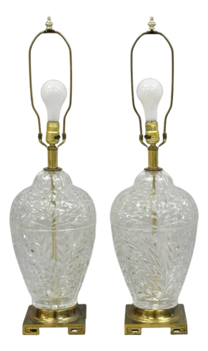 Vintage Chinoiserie Heavy Leaded Glass Wheat Sheaf Ginger Jar Table Lamps, Pair
