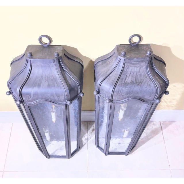 Large Exceptional Pair of Hand-Forged Iron Wall Lanterns Architectural Sconces For Sale - Image 16 of 17