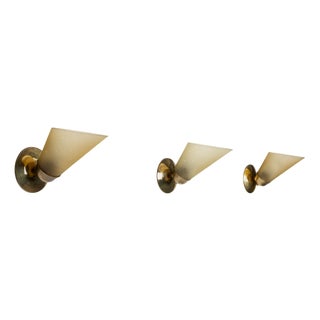 Vintage Brass Sconces with Decorated Yellow Glass Shades, 1960s, Set of 3 For Sale