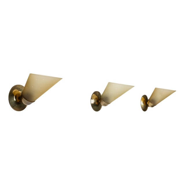 Vintage Brass Sconces with Decorated Yellow Glass Shades, 1960s, Set of 3 For Sale
