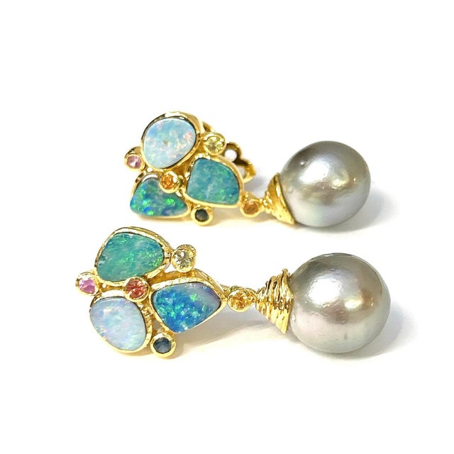 Baroque Bochic “Orient” Opal, South Sea Pearls & Sapphires Earrings Set 18k Gold & Silver - 2 Pieces For Sale - Image 3 of 3