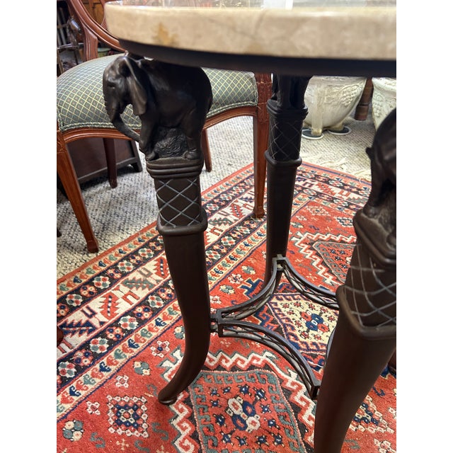 Tribal Marble Top & Metal Based End Table With Elephant Motif For Sale - Image 3 of 12