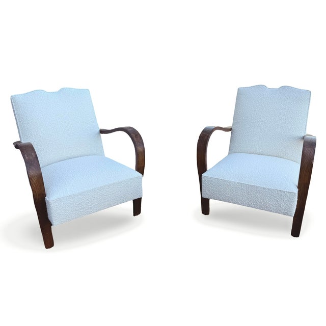 Wood A Pair of 1930s Art Deco “Swan Song” Armchairs in Ivory Bouclé For Sale - Image 7 of 17